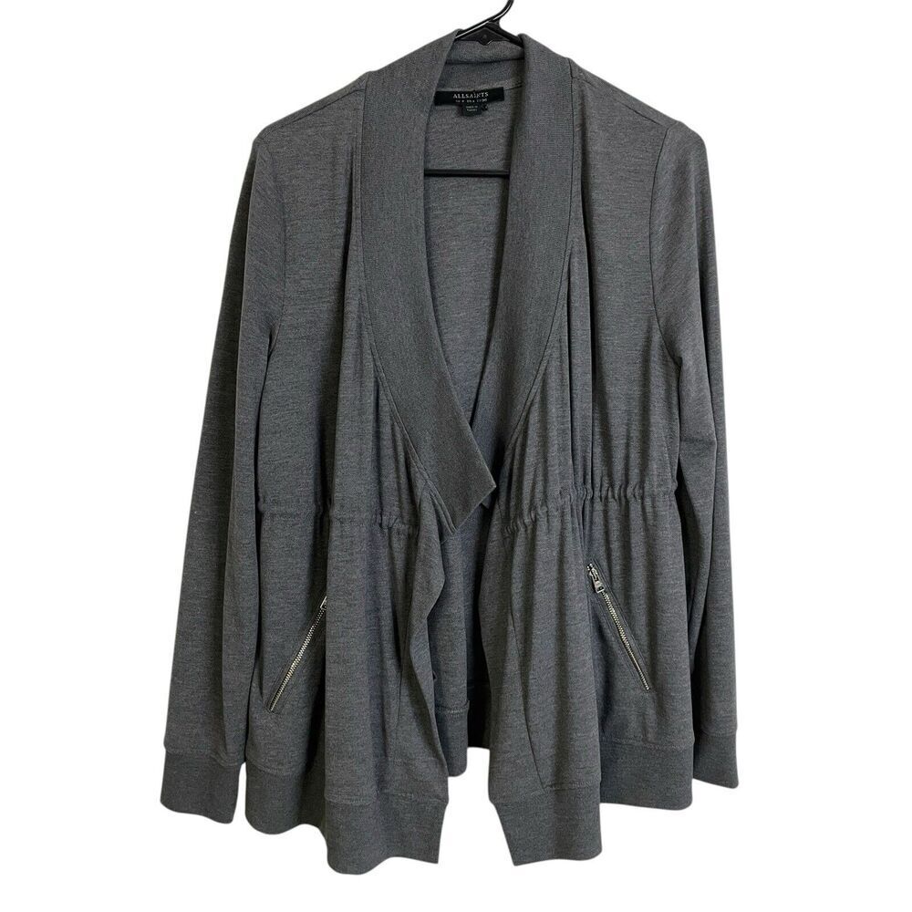 All Saints Gina Drape Jacket 4 Gray Womens Open Front Zip Pocket Drawstring
